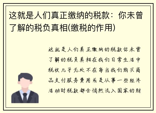 这就是人们真正缴纳的税款：你未曾了解的税负真相(缴税的作用)