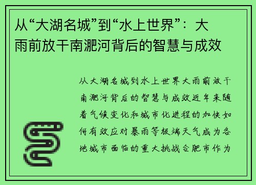 从“大湖名城”到“水上世界”：大雨前放干南淝河背后的智慧与成效