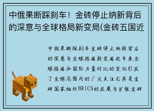 中俄果断踩刹车！金砖停止纳新背后的深意与全球格局新变局(金砖五国近年来俄罗斯中国和什么印度和南非这五个国家)