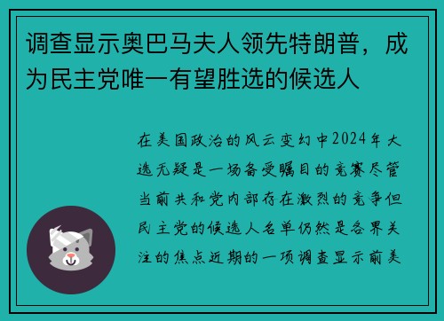 调查显示奥巴马夫人领先特朗普，成为民主党唯一有望胜选的候选人