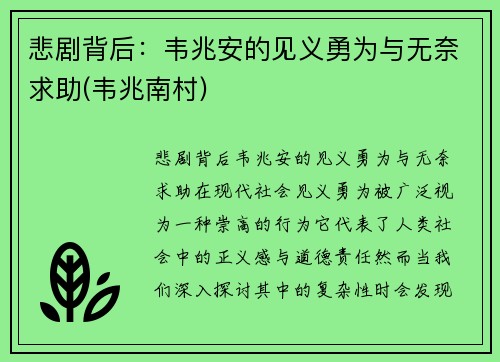 悲剧背后：韦兆安的见义勇为与无奈求助(韦兆南村)