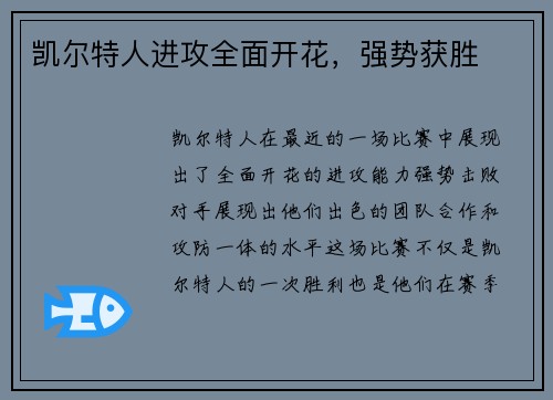 凯尔特人进攻全面开花，强势获胜