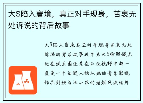 大S陷入窘境，真正对手现身，苦衷无处诉说的背后故事