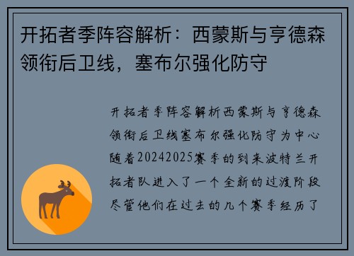 开拓者季阵容解析：西蒙斯与亨德森领衔后卫线，塞布尔强化防守