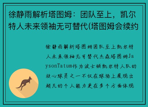 徐静雨解析塔图姆：团队至上，凯尔特人未来领袖无可替代(塔图姆会续约凯尔特人吗)